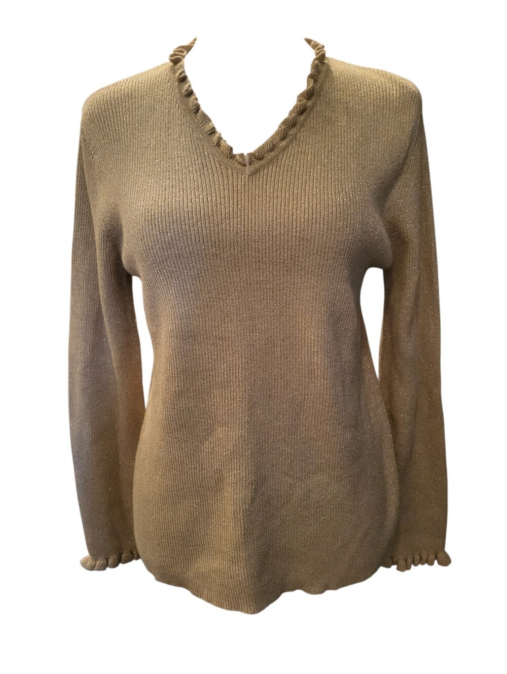 Liz Claiborne Women’s Ruffle V-Neck Sweater Taupe/Gold sz M